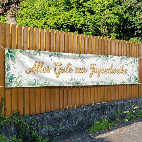 BETESSIN Jugendweihe Deko im Eukalyptus Design - Alles Gute zur Jugendweihe Banner 250x40cm - Hängende Dekoration für Jugendliche
