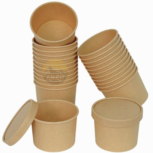 KURTT - Bol en carton avec couvercle - Gobelet à soupe avec couvercle - 500 pièces - 500 ml - Bol à salade - Jetable - Restaurant - Take away - Poke bowl