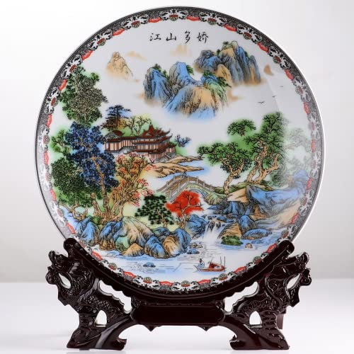 ALturN Platos Decorativos de cerámica para Colgar, Plato Decorativo de cerámica con diseño de Paisaje Ornamental Jingdezhen de 26cm, Plato Colgante