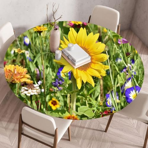 Highdi Tischdecke Abwaschbar Rund 110cm,Elastisch 3D Sonnenblume Tischdecke Outdoor Lotuseffekt Tischdecken Gartentischdecke Cloth für Restaurant, Ideal für 100cm-105cm