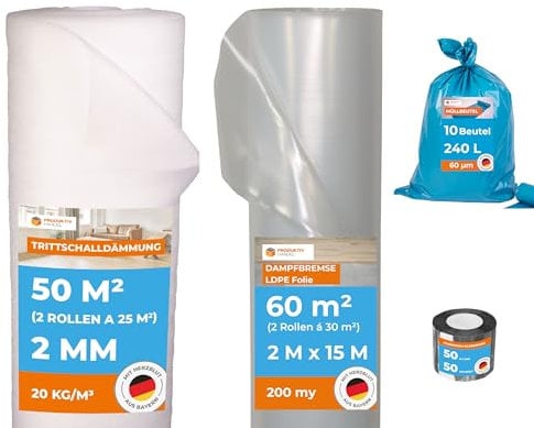 Spar-Set Trittschalldämmung 2mm 50m² | Dampfbremsfolie 60m² | Dampfbremse-Klebeband 50m | XXL Müllsäcke 10 Stück - Perfektes Heimwerkerpaket für Laminat & Parkett