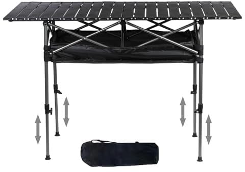 Antyfron Camping Table,Folding Portable Outdoor Table with Large Storage Organizer and Carrying Bag,Adjustable Height Aluminum Table for Outdoor Camping,Picnic,BBQ,Beach,Party,Backyard,120cm x 55cm