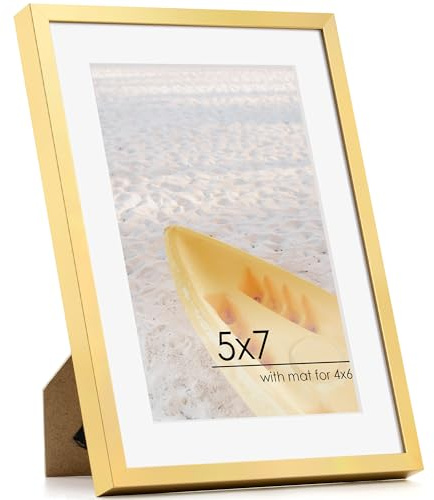 FLYJOE 5x7inch Gold Picture Frame | Metal 5x7 Frame With Mat For 4x6 | 5 x 7 Aluminum Photo Frame | Plexiglass And Hanging Hardware Included | 5 By 7 Picture Frame | Gold