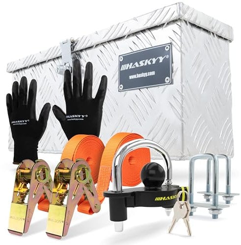 Aluminium Box Satz 485x140x200 mm inkl. 2x Spanngurte mit Ratsche 5m*27mm 400-800 daN, Anhängerschloss Diebstahlschutz & schwarze Handschuhe Werkzeugkoffer