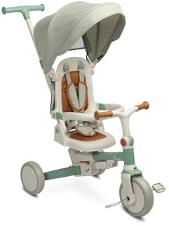 CARETERO - 3in1 Dreirad mit Schubstange & Laufrad & Kinderfahrrad ab 18 Monaten - mit Liegefunktion, drehbarem Sitz, Dach, Gummiräder, 5-Punkt-Gurt, Faltbar - Toyz Faro Grün