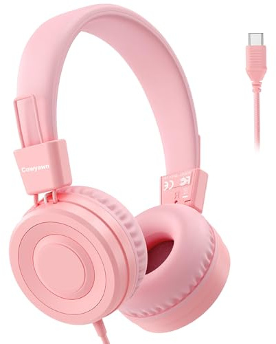 Cowyawn USB Typ C Kinderkopfhörer für die Schule,kabelgebundene Kleinkindkopfhörer,94dB Lautstärkebegrenzung, Faltbare leichte kabelgebundene On-Ear-Kopfhörer für Kinder/Teenager/Jungen/Mädchen, Rosa