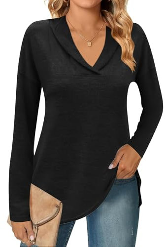 Famulily Black Sweatshirt for Women Tunic Polo Shirt V Neck Oversized Pullover Sweater Fall Winter Clothes Tops (M, Black)