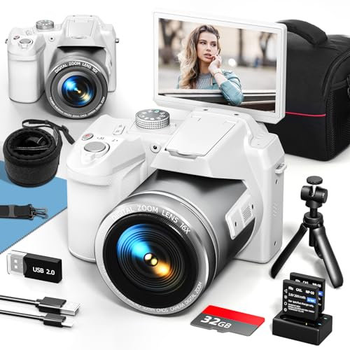 Monitech 64MP Digital Camera for Photography and Video, 4K Vlogging Camera for YouTube with 3 Inch Flip Screen, 16X Digital Zoom, WiFi & Auto Focus, Camera Strap & Tripod, 2 Batteries, 32GB TF Card