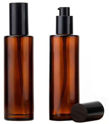 2PCS 100ml/3.3oz Empty Refillable Amber Glass Lotion Pump Press Bottles Soap Dispensers Containers Jars with Black Cap for Foundation Cream Makeup Removel Oil Shampoo