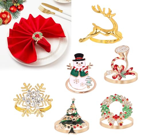 Figarge 6 Stück Serviettenring Weihnachten Serviettenringe Gold Weihnachtsserviettenringe Set Serviettenringe Weihnachten Serviettenschnalle für Weihnachten Dinnerpartys Abendessen Tischdekoration