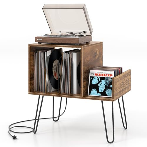 KOMFOTTEU Soporte para Tocadiscos con Estación de Carga, Estantería para Discos de Vinilo con Divisores y Estante Lateral, Mesa Auxiliar para hasta 145 Álbumes, Armario con Patas de Metal (Marrón)