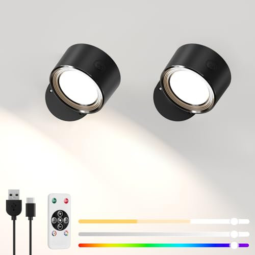 LED Wall Reading Lights with Remote, 2 Pcs Rechargeable RGB Wall Mounted Reading Sconces Lamp 3000mAh, 3 Colors & Dimmable Magnetic 360° Rotation Wall Lighting Spotlights for Bedroom Bedside
