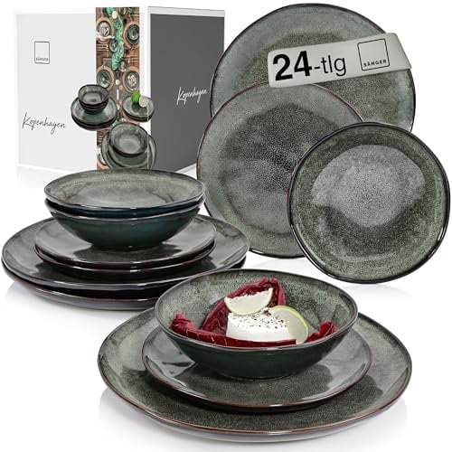 SÄNGER | Teller Set Kopenhagen 24 tlg, Steingut Geschirr Set 8 Personen, Tafelservice inkl. Essteller Frühstücksteller & Tiefe Teller, Speiseteller Set Spülmaschinenfest Grün Grau | PREMIUM COLLECTION