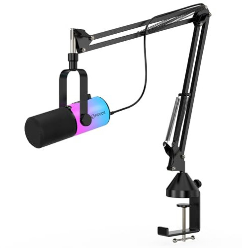 FDUCE Dynamisches USB/XLR-Gaming-Mikrofon für Podcast-Aufnahmen, PC-Computer-Gaming-Streaming-Gesangsmikrofon mit RGB-Licht, Stummschalttaste, Gain-Regler, Kopfhöreranschluss, mit Galgenarm (D20+)