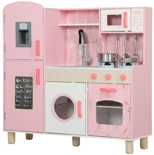AIYAPLAY Toy Kitchen, Pretend Role Play Kitchen, Kids Kitchen Set with Lights and Sounds, Double Stoves, Ice Maker, Chalkboard, Microwave, Oven, Sink, 5 Accessories, for 3+ Years, Pink