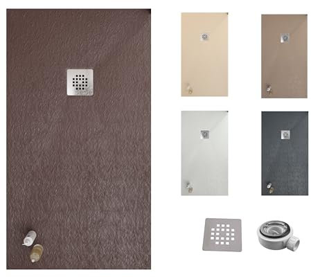 VAROBATH | Plato de Ducha ONE – Material Resina con Carga Mineral y Textura Pizarra Antideslizante C3 – Incluye Válvula Desagüe y Rejilla (MARRON RAL8017, 70x70)