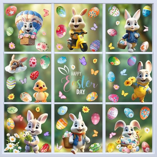 DOUUCO 9 Blätter 75 Pcs Fenstersticker Ostern Selbstklebend, Wiederverwendbare Fensterbilder Oster Deko mit Hasen Ostereier Küken, PVC Fensteraufkleber Osterdeko für Kinderzimmer Osterdekorationen