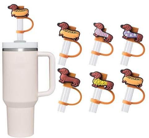 6 Pcs Dachshund Straw Cover for Stanley Cup 40&30oz Reusable Silicone Straw Covers 10mm Dust-Proof Straw Topper Cute Dog Straw Lips Universal Straw Tips Stanley Cup Accessories Dog Lover Gifts