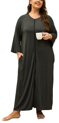 VOGMATE Morgenmantel Damen Große Größen Dünner Frottee Lang Leichter Bademantel mit Reißverschluss Kuschelig Übergröße Hausmantel Bathrobe for Women