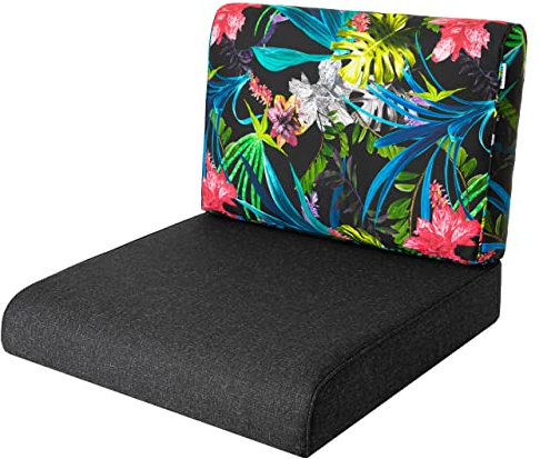 Bjird Sitzkissen 50x50 cm für Rattanmöbel – Sessel & Stühle – 2-teilig (Sitz + Rückenlehne) – Indoor & Outdoor – Wasserabweisend – Anti-Rutsch – Oeko-TEX - Schwarz + Bunte Blätter