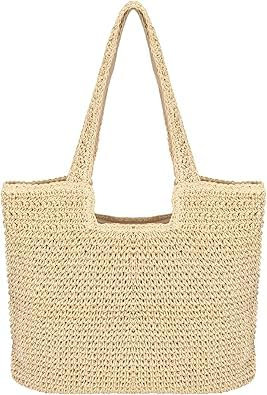 Jesustree Sac de Paille Sac à Bandoulière de Plage d'été Pour Femme Boho Tissé à la Main Sac à Main Pour le Voyage, La Date et Les Vacances Beige