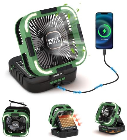 Portable Fan Desk Solar Fan - 20000mah Camping Fans Battery Fans with Solar Panel 120° Auto Oscillating, 6 Wind Speeds, 3 Light Modes,Timer, Handle, Foldable Table Fans for Home,Office,Travel (Green)