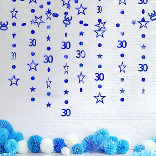 3m Long 30th Birthday Decorations,30th Birthday Banner,Blue-Colored Bir-thday Party Decorations,30-th Blue Circle Dots Star Garland Birth-day Party Decora-tions,Happy 30-th Birth-day Banner