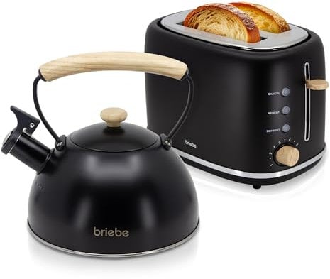 briebe Nordic Ensemble Grille Pain 2 Fentes Tranches Larges, 6 Niveaux de Dorage + Bouilloire Induction Sifflante 2,3L, Acier Inoxydable, sans BPA, Pack Petit Déjeuner, Design Nordique, Noir