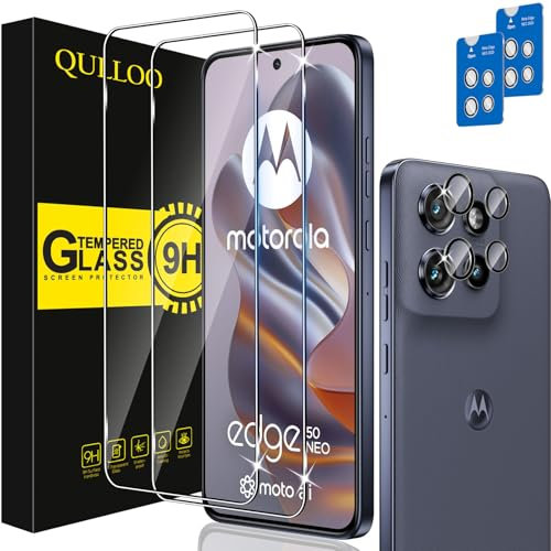 QULLOO Protector de Pantalla para Motorola Moto Edge 50 Neo, 2 Piezas Cristal Templado y 2 Juego Protector de Lente de Cámara, Dureza 9H Ultra Resistente Vidrio Templado