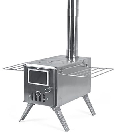 Faltbarer tragbarer Campingkocher aus Edelstahl mit Kamin und Sichtfenster für das Feuer, zum Heizen, Beleuchten, Kochen in Zelten und für Reisen im Freien