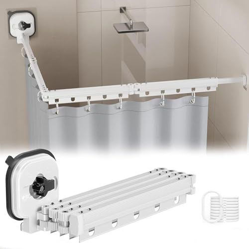 Barre De Douche Pliable, Tringle À Angle Réglable Extensible Avec Anneaux et Ventouses, De Douche Pour Salle De Bain et Baignoire, Sans Perçage (Blanc, 4-fold)