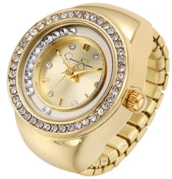 Jessica Simpson Women's Gold Adjustable Ring Watch – Crystal Bezel, Quartz Analog Mini Dial, Stretch Band Fashion Jewelry Accessory