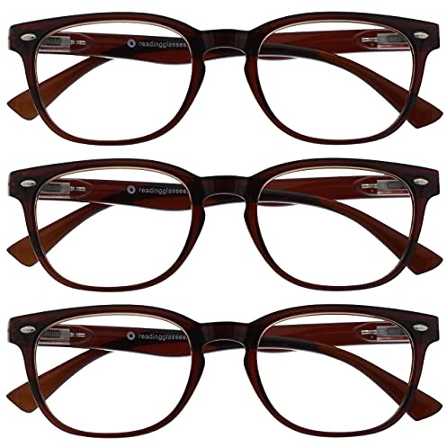 OPULIZE ORA Reading Glasses for Men Women - 3 Pack - Designer Style Rounded Frame - Scratch Resistant Lens - Spring Hinges - Brown +3.00