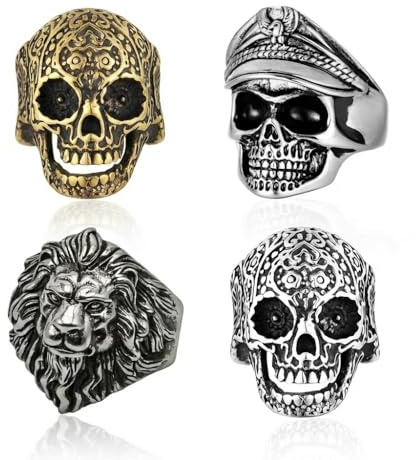 4 Stück Totenkopf Ring,Tier Löwenkopf Ring,Edelstahl Siegelring Halloween