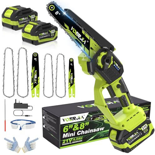 VOERJIA Cordless Mini Chainsaw 6 & 8, 750W Brushless Motor with Auto-Oiling, 2X 4.0Ah Batteries, Lightweight Handheld Electric Chainsaw with Tool-Free Tensioning for Wood Cutting & Tree Trimming
