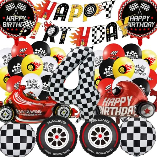 Race Car 4th Birthday Decorations - Boy Racing Car Themed Balloons Banners Decoration Happy 4th Birthday Banner Checkered Flag Foil Number 4 & Car Balloons for Boy Girl Party Supplies