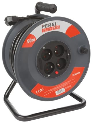 Perel Kabeltrommel, Kabelrolle Innenbereich, Verlängerungskabel, Stromtrommel, Kabelaufroller, 4 Steckdosen mit Erdungsstift, Typ E, Französische Steckdose, Überhitzungsschutz, 50 m, 3G1.5, grau