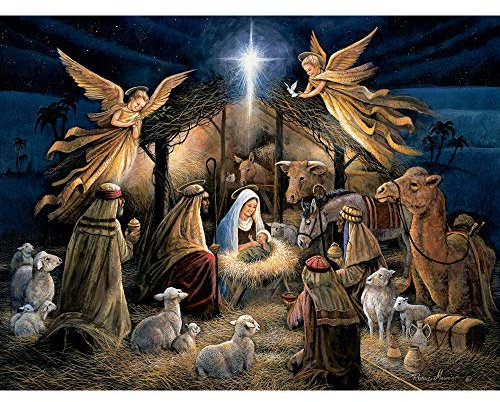 Bits and Pieces - 300 Piece Jigsaw Puzzle for Adults - In The Manger - 300 pc Religious Jigsaws by Artist Ruane Manning