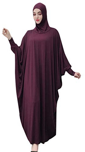 Lazzboy Muslim Frauen Einfarbig Kopfbedeckungen Moschee Fledermaus ärmel Strickjacke Ramadan Kleid Ethnische Roben Damen Sommer Muslimische Kleider Spitze Getrimmt Vorne Abaya Maxi Kaftan(Lila)