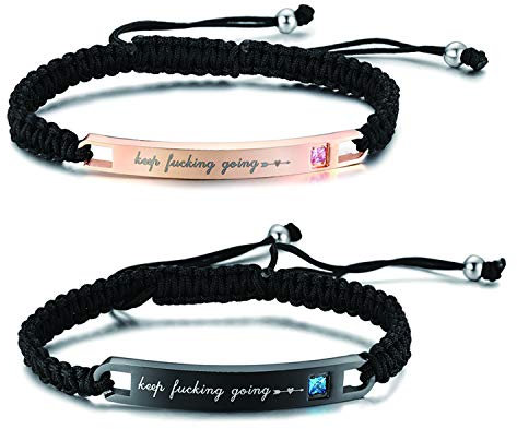 Cupimatch Paare Armband mit Gravur ''Keep Fucking Going, Geflochten Partnerarmband Pärchen Armreif Schwarz