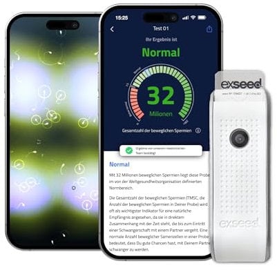 ExSeed Health - Test dello Sperma a Casa - 5 test - Uso dello smartphone (programma in-app) - Kit per la fertilità maschile - Traccia la conta degli spermatozoi, il movimento progressivo e il volume