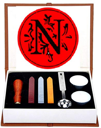 Buchstaben-Wachs-Siegel-Stempel-Set, ANBOSE Alphabet Wachs-Siegel-Stempel-Kit einschließlich 1Pcs Holzgriff Kupfer-Siegel, 3Pcs Wachs-Siegel-Sticks, 1Pcs Schmelzlöffel und 2Pcs weiße Kerzen(N)