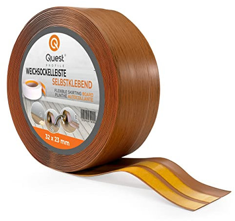 Quest Battiscopa Morbido Adesivo - 32 mm x 23 mm - Listello in PVC, Finitura Flessibile, Profilo Angolare per Cucina, Bagno, Parete, Pavimento - Decorativo (Rovere rustico, 15m)