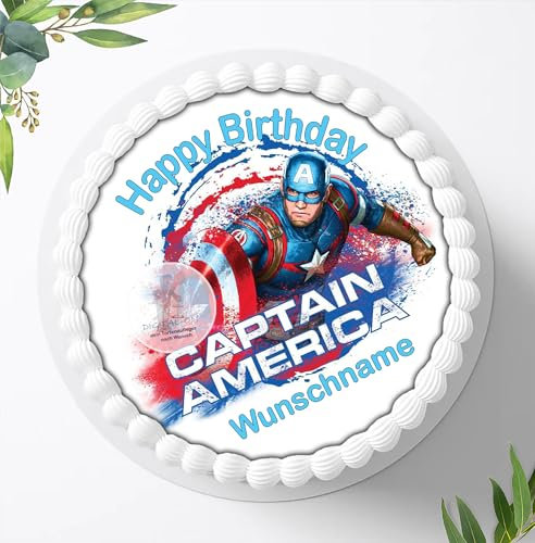 Für den Geburtstag ein Tortenbild mit Wunschname, Zuckerbild mit dem Motiv: Captain America, Essbares Foto für Torten, Fondant, Tortenaufleger Ø 20cm, 0465w