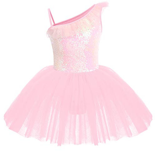 IWEMEK Kinder Ballettkleidung Mädchen Ballettkleid Ärmellos Rüsche Pailletten Balletttrikot Ballettanzug Tanzkleid Tanzbody mit Tütü Rock Ballettrock Gymnastik Tanzbekleidung Rosa 5-6 Jahre