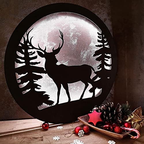 K&L Wall Art Hinterleuchtetes Wandbild aus Holz 70cm groß Holzbild Hirsch LED Leuchtring mit RGB Beleuchtung Farbwechsel Dimmbar (Ø 70cm, Hirsch im Wald)