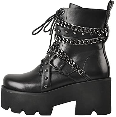 MissHeel Goth Plateau Knöchelstiefel Kurzschaft Stiefeletten Blockabsatz Profilsohle Metall Ketten Schwarz 44 EU
