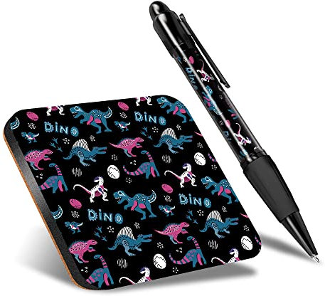 DV DESIGN 1 x Eco Square Coaster & 1 Pen Set - Dinosaur Print Eggs Dino Pink Blue Drink Cup Mug Glass Table Protection Mat #44884