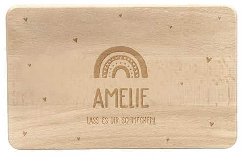 LAUBLUST Frühstücksbrettchen Personalisiert mit Gravur - ca. 24x15cm - Holz, FSC® | Regenbogen mit Herzen Motiv