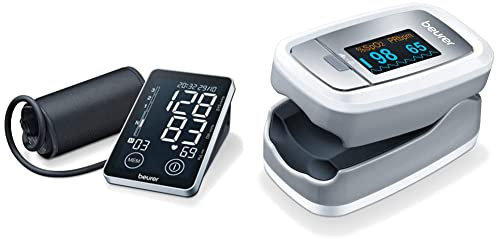 Tensiomètre électronique au bras Beurer BM 58 | détecteur d'arythmie cardiaque et hypertension | mesure la tension artérielle & PO 30 - Oxymètre de pouls digital, 61x36x32 mm, 57 gr, blanc et argent